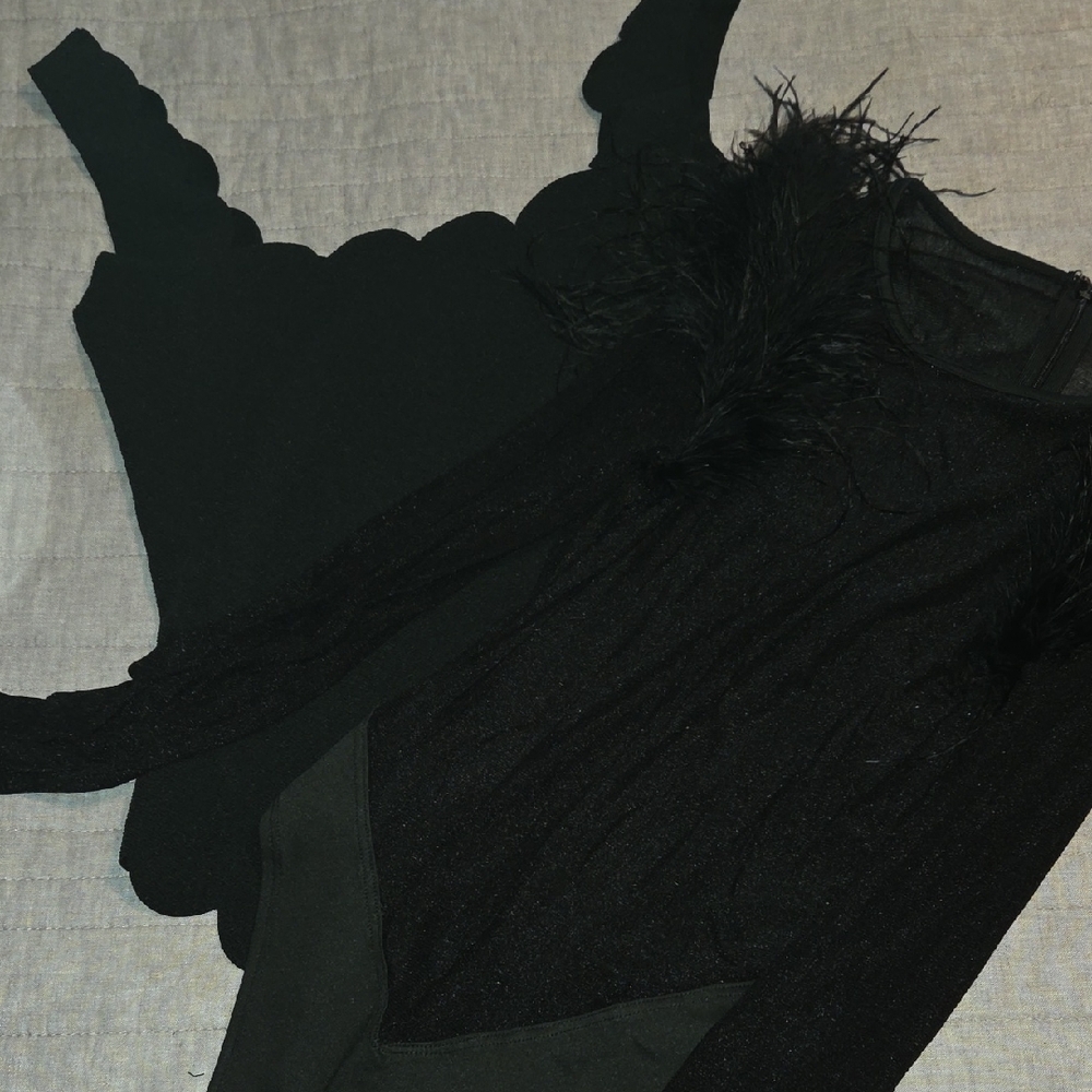 Black Sleeveless Scalloped And Sheer L/S with Feather Detail